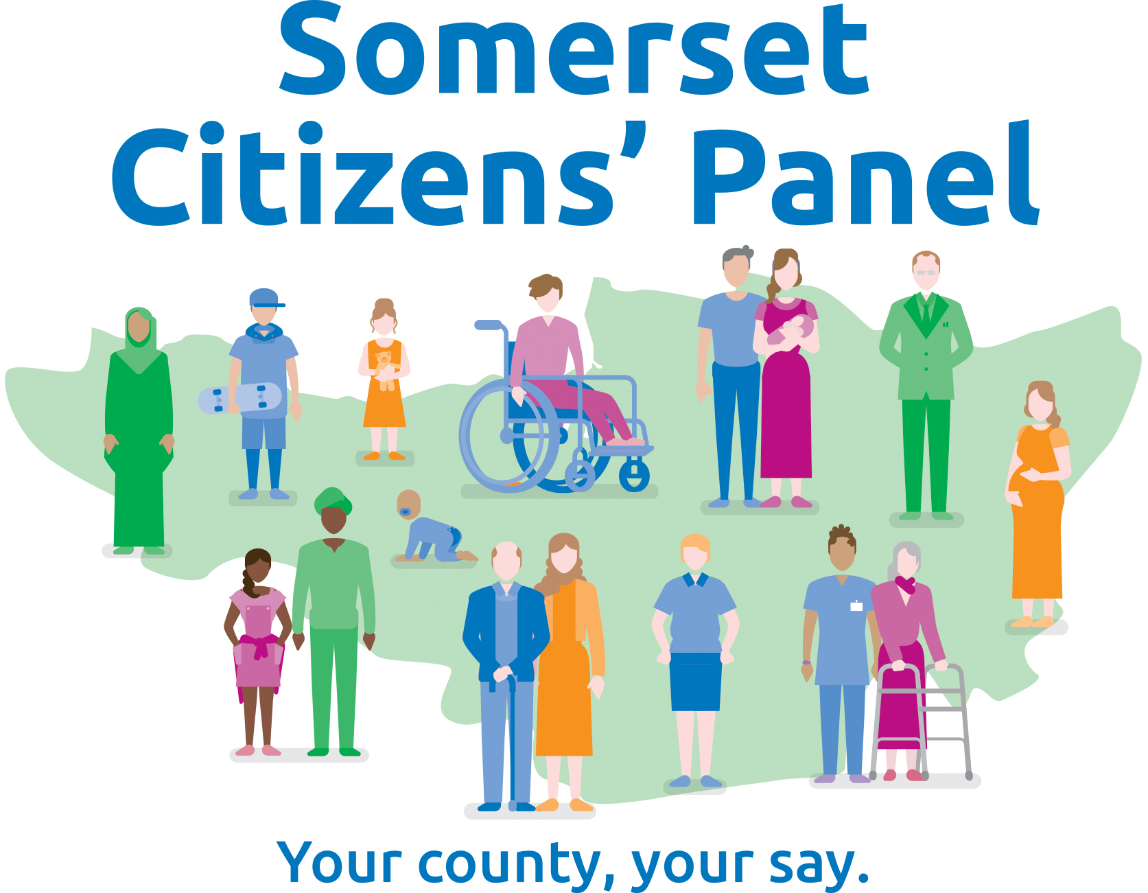 This is a graphic image of people standing around Somerset showing the variety of residents that live in the county. The text says Somerset Citizens' Panel and Your county, your say.
